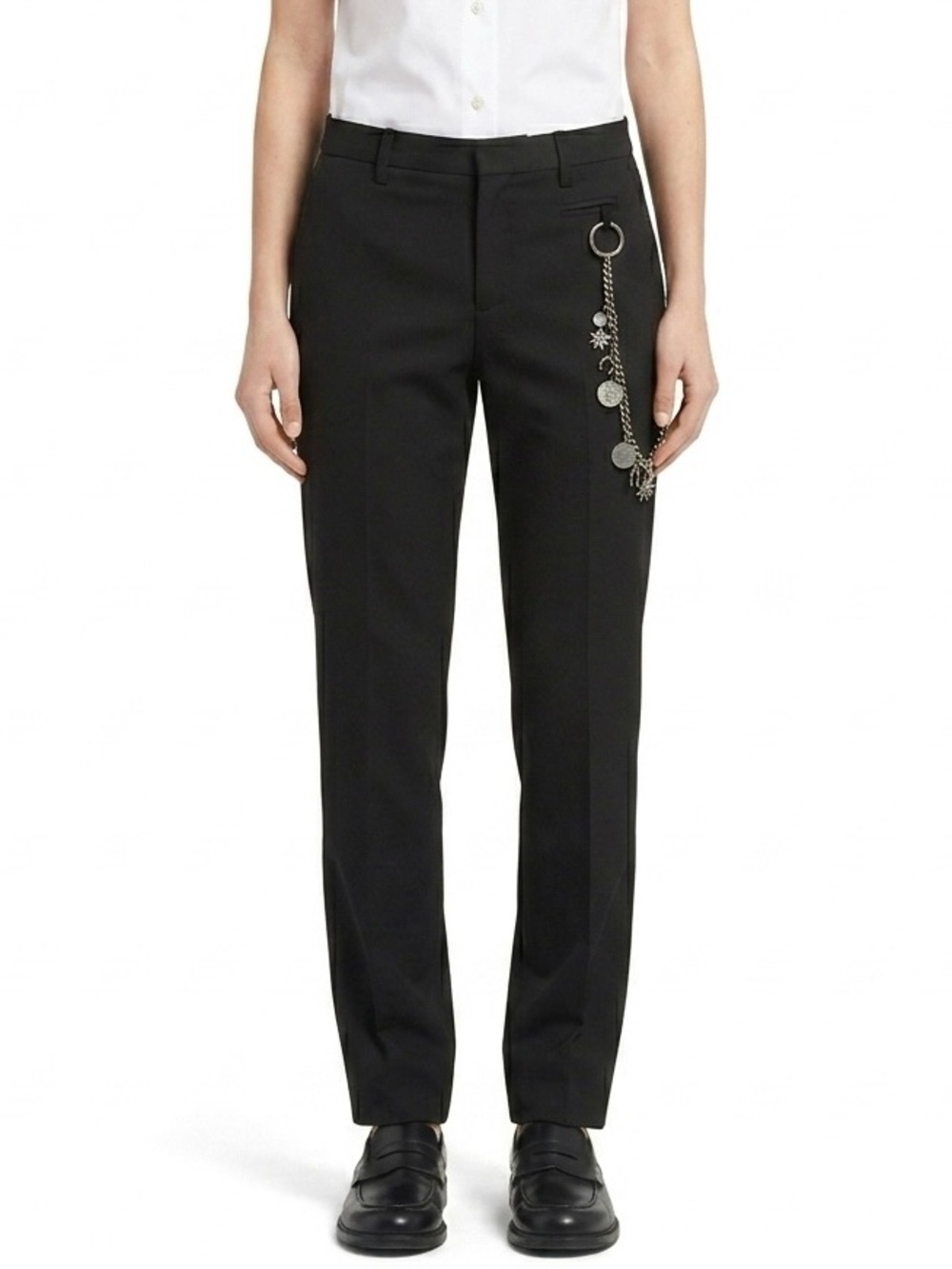 PRADA Black Gabardine Stretch Wool Trousers Charm Wallet Chain - Size 40 / US 4